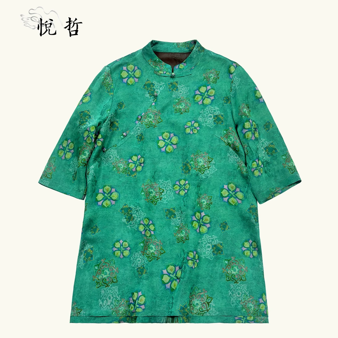 YUEZHE新中式国风绿色时尚斜襟提花上衣2025夏季复古气质宽松短袖
