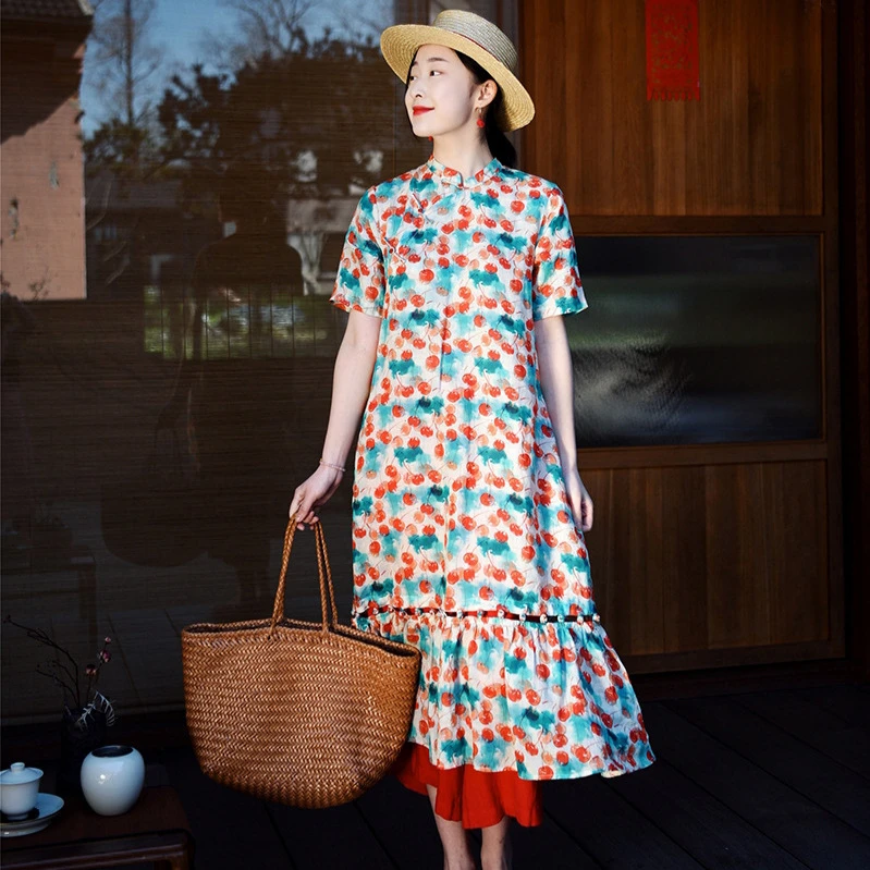 夏款苎麻气质改良旗袍连衣裙原创设计师款可拆卸鱼尾长款盘扣短袖