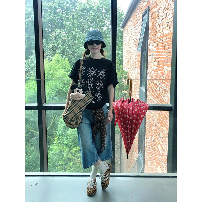 美式辣妹印花夏季短袖T恤上衣女小个子水洗做旧七分裤直筒牛仔裤