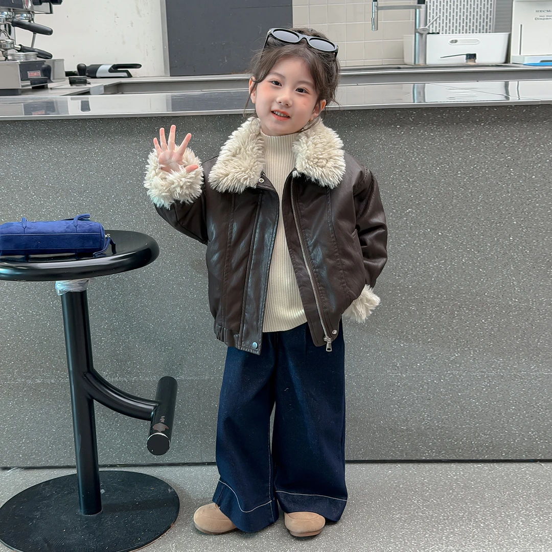 女童皮衣加绒外套秋冬2025新款洋气防水儿童皮衣夹克冬装女宝上衣