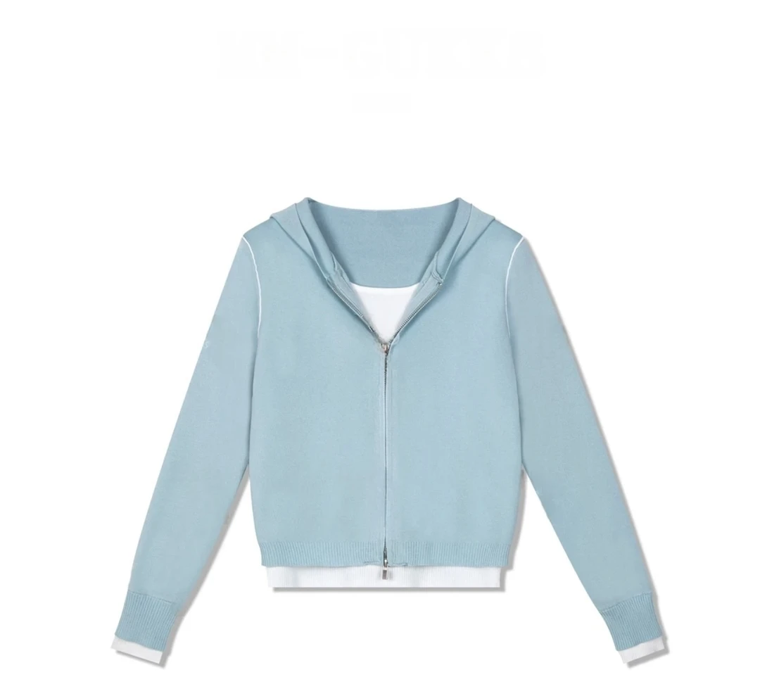 2025春季新款拼接显瘦时尚百搭休闲韩版假两件连帽针织衫毛衣上衣