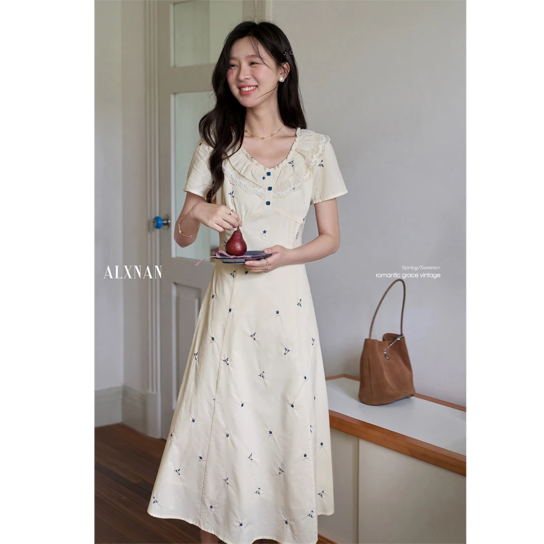 【清清】V领法式连衣裙女夏季新款高级短袖收腰长裙子