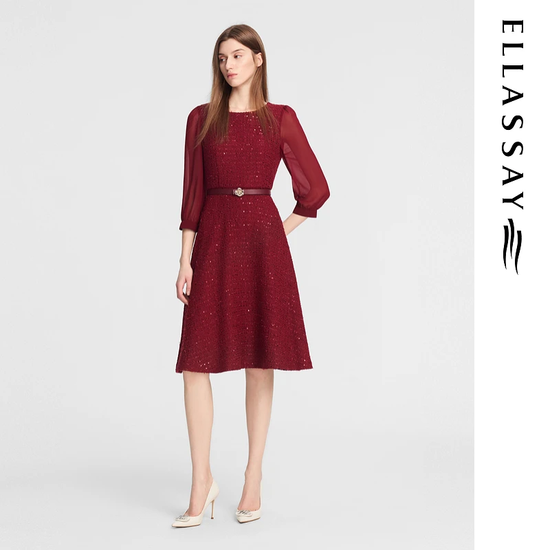 ELLASSAY歌力思秋季新款酒红色优雅气质收腰连衣裙女EWE353Y04300