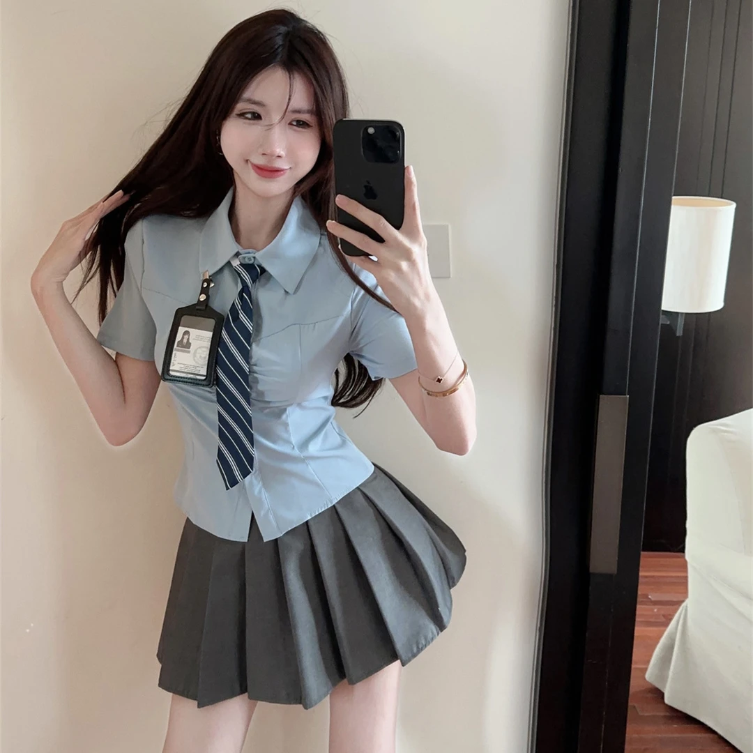 时尚套装短裙学院风夏季套装女装显瘦气质百褶裙衬衫衬衣辣妹高腰