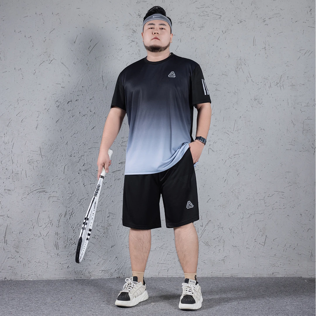 夏季休闲冰丝男t恤短袖渐变加肥加大码胖子宽松运动套装男款健身