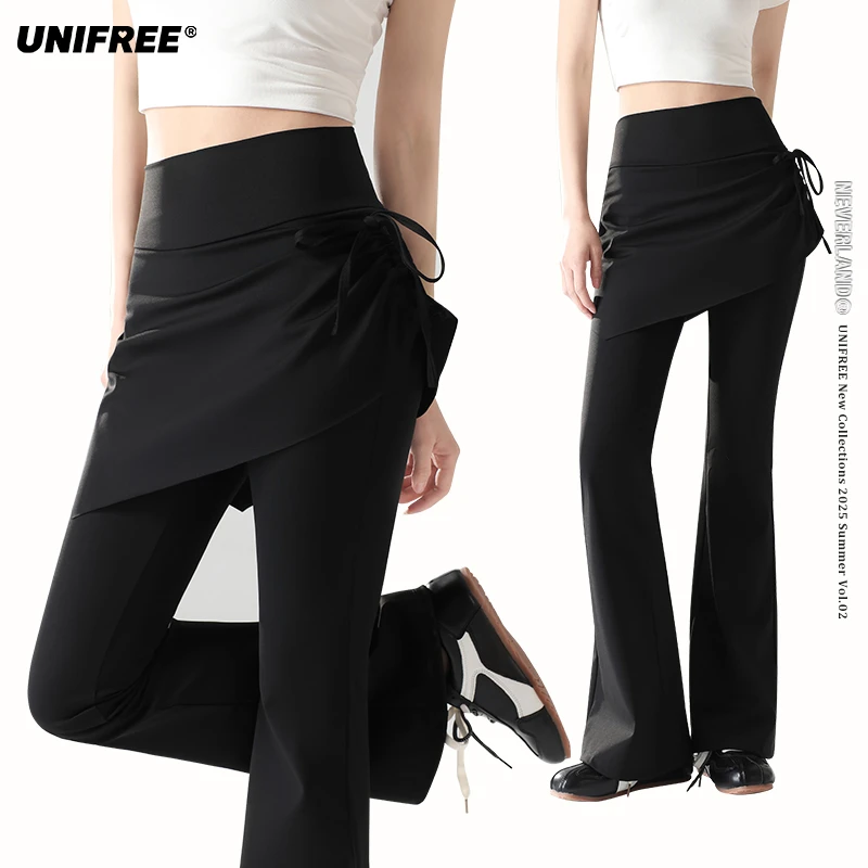 unifree【25年夏】假两件黑色高腰休闲裤修身显瘦弹力运动瑜伽裤