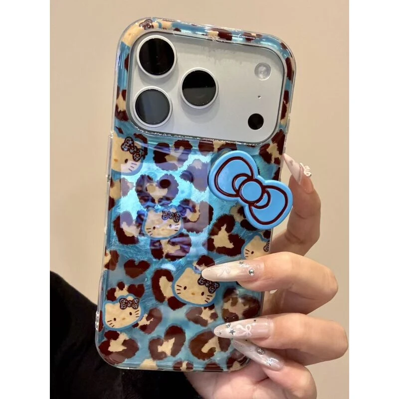 韩系蓝底锡纸纹豹纹猫咪适用ihone17promax苹果16p手机壳15新款14