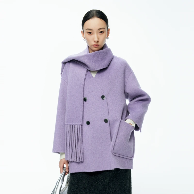婉甸2025年冬季新品柔光紫中长款双面呢外套1244E15GS4