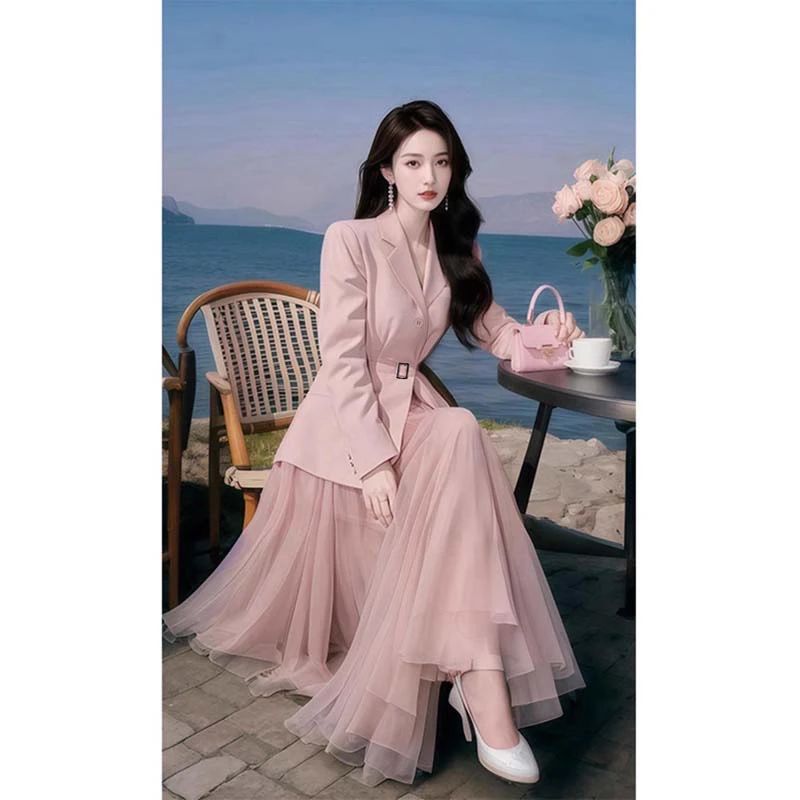 【素夕】【两件套】【有里布】新款名媛西装外套纱裙独特两件套女DM0034