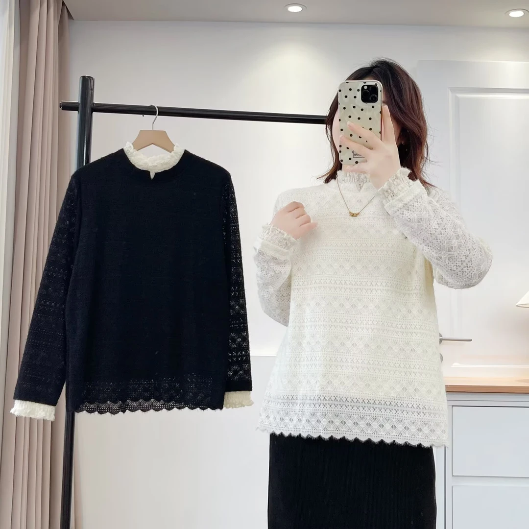 6061大码秋冬季立领蕾丝加绒加厚款百搭上衣打底衫DD
