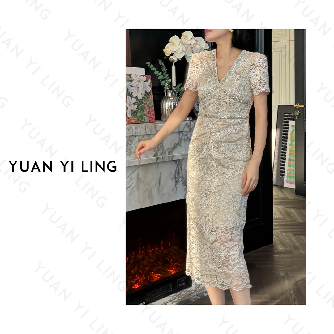袁艺灵【白月光】25春夏上新法式轻奢钉钻蕾丝镂空女装连衣裙
