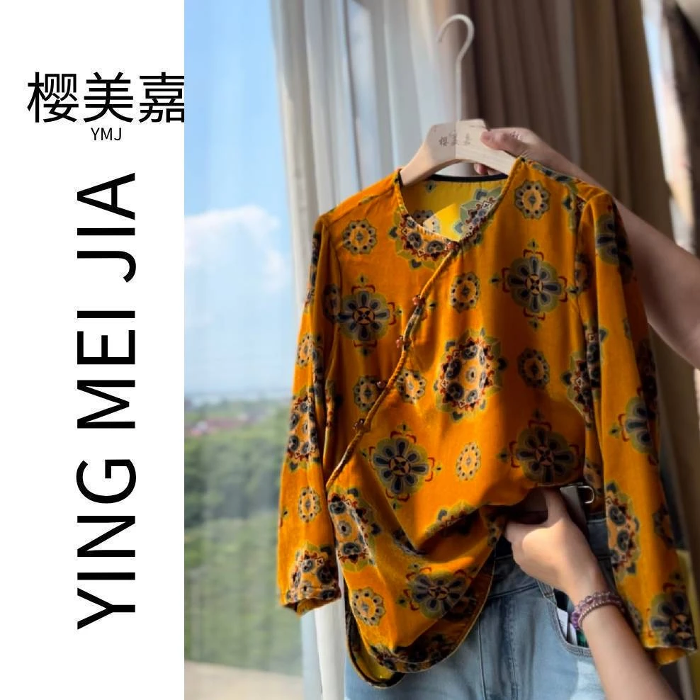 DY3000樱美嘉100桑蚕丝真丝丝绒早秋新款上衣斜襟新中式国风衬衫