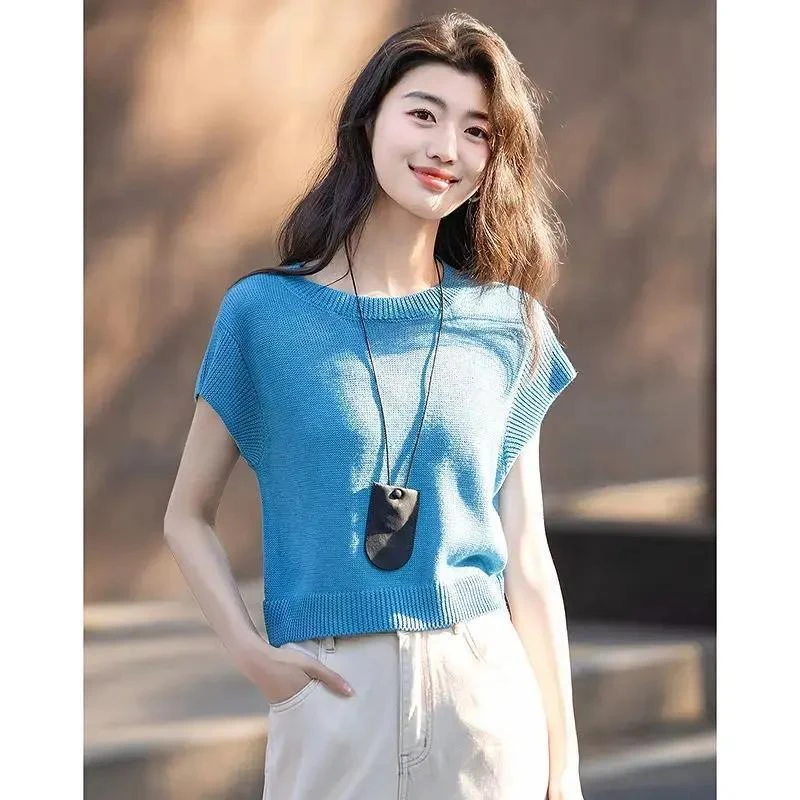 法式高级感简约飞飞袖冰丝针织衫2025夏季新款女洋气百搭显白上衣