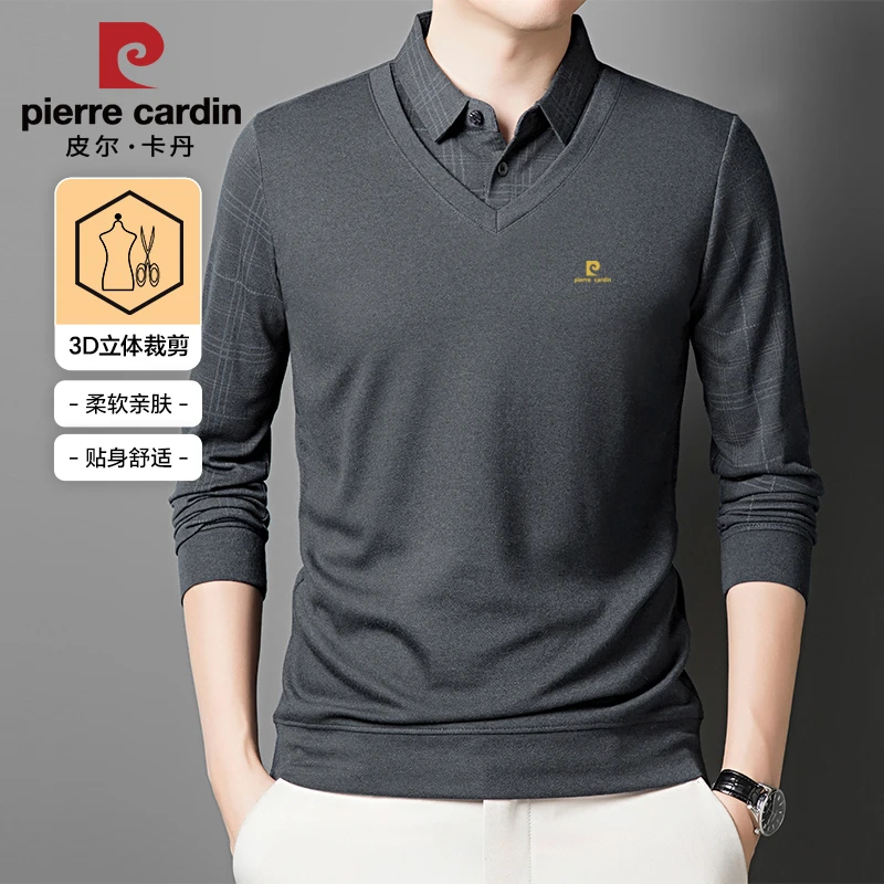 皮尔卡丹秋冬男士加绒假两件长袖中老年商务休闲时尚翻领polo衫