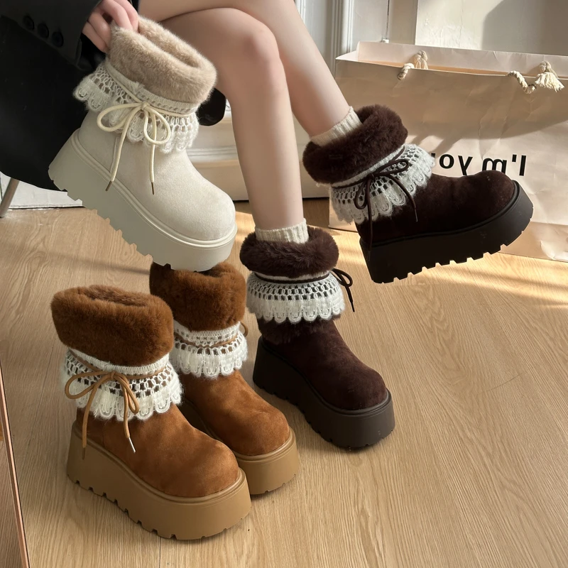 短靴甜桃星球费尔岛雪地靴女靴时尚雪地靴平底保暖