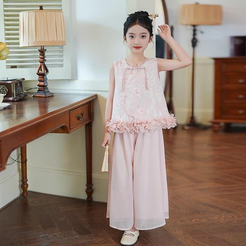 53856儿童夏季新中式套装2025新款女童盘扣设计感上衣裤子两件套