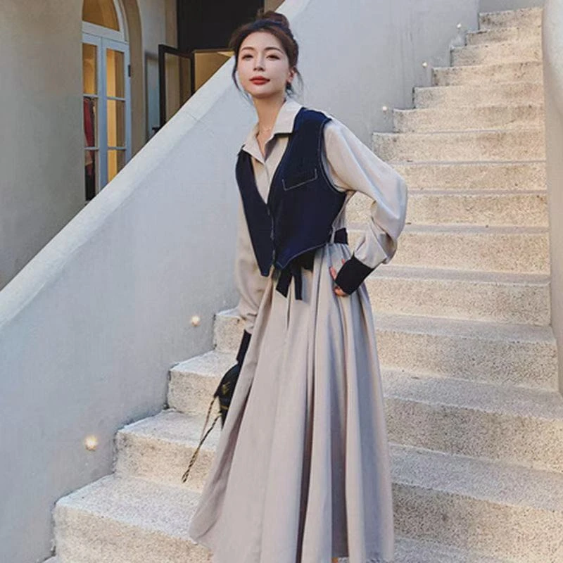 法式连衣裙女装2024春秋新款春装别致独特牛仔拼接假两件收腰长裙