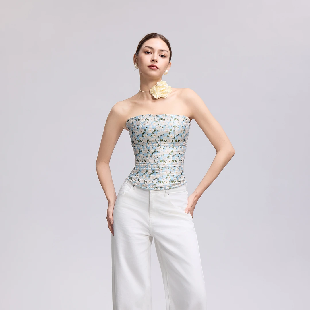 单品直降CORSELET法式蓝白色提花一字心领泡泡袖收腰显瘦鱼骨胸衣