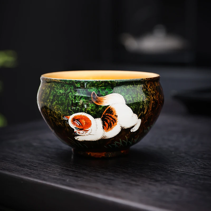 大漆手绘小猫金油滴建盏 铁胎建盏  纯手工制作 刘卓大漆