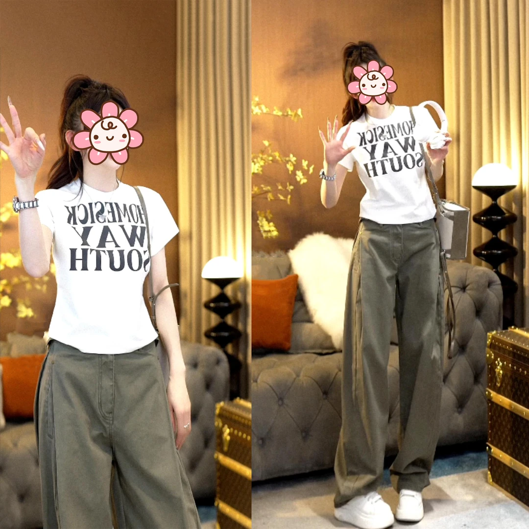 洋气衣服女2025夏季新款简约印花短袖T恤显瘦休闲工装裤两件套装