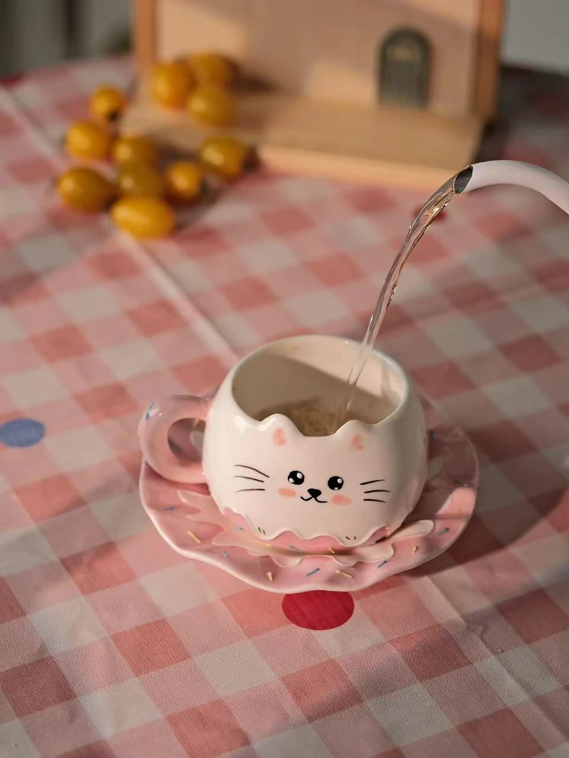 DIY景德镇创意手绘陶瓷卡通粉色猫猫咖啡杯碟套组