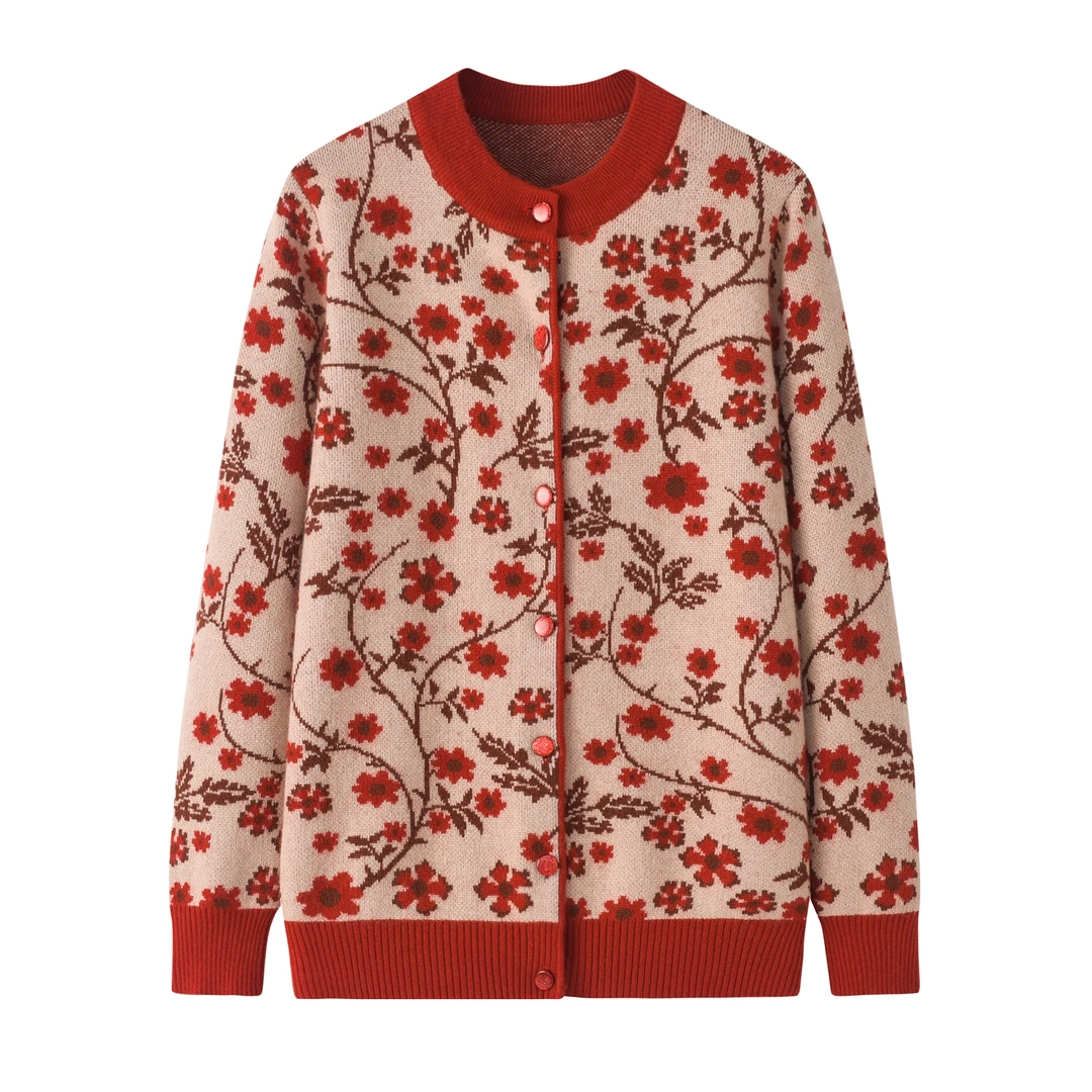 中老年女装2025秋冬新款提花加厚100纯羊毛衫女圆领开衫妈妈毛衣