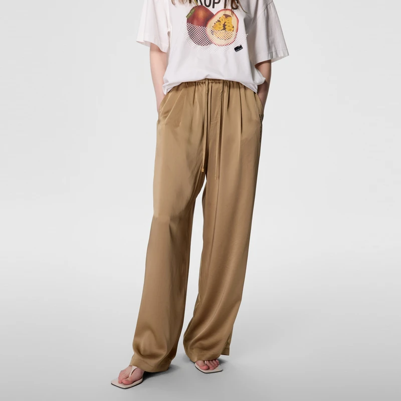 UTI新款香槟色缎面阔腿裤女简约时尚光泽感休闲长裤