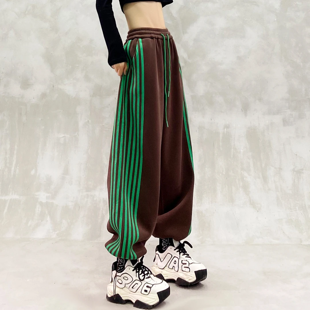 侧边拼色条纹设计加绒休闲裤女冬新款高腰宽松显瘦百搭束脚卫裤潮