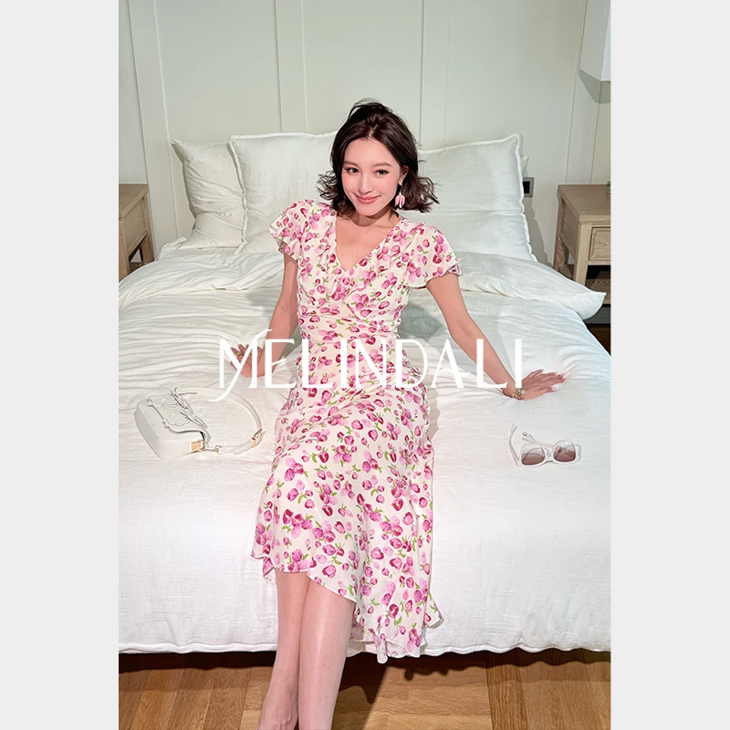 Melinda Li【如花在野】16MM桑蚕丝郁金香印花斜裁鱼尾短袖连衣裙