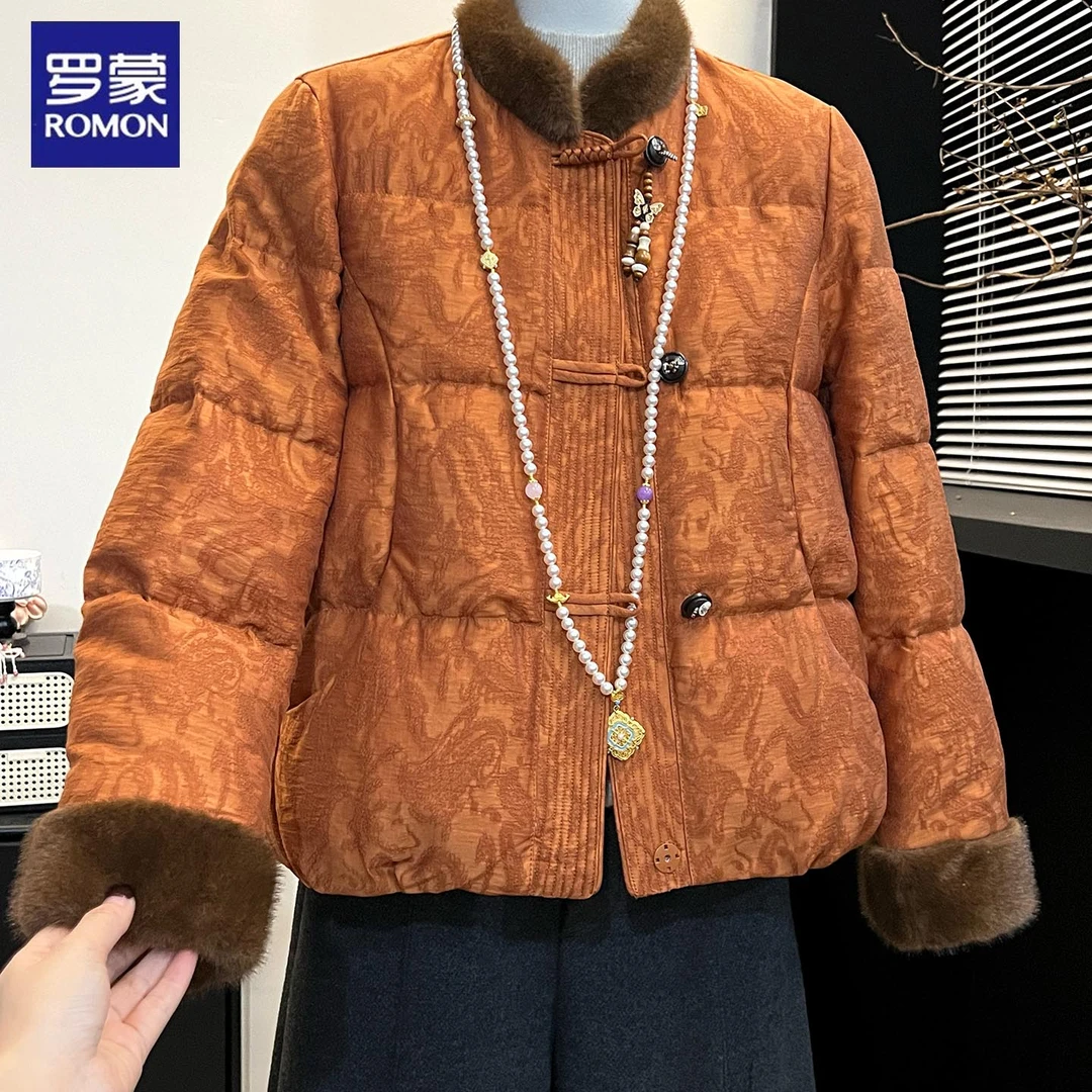 罗蒙妈妈装新中式国风毛领羽绒服冬新款2025高贵加厚白鸭绒外套