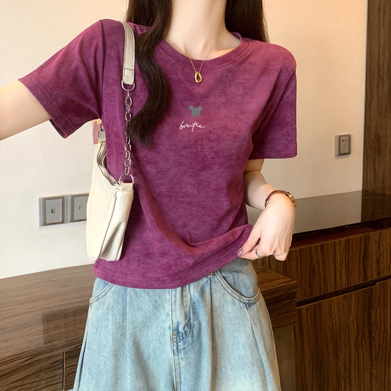 纯棉短袖t恤女2025夏季新款爆款美式扎染印花正肩短款小上衣体恤