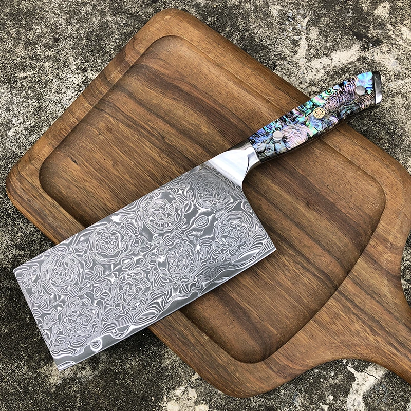 鲍鱼壳手柄玫瑰花纹大马士革钢切片刀厨房家用菜刀SKD11钢芯