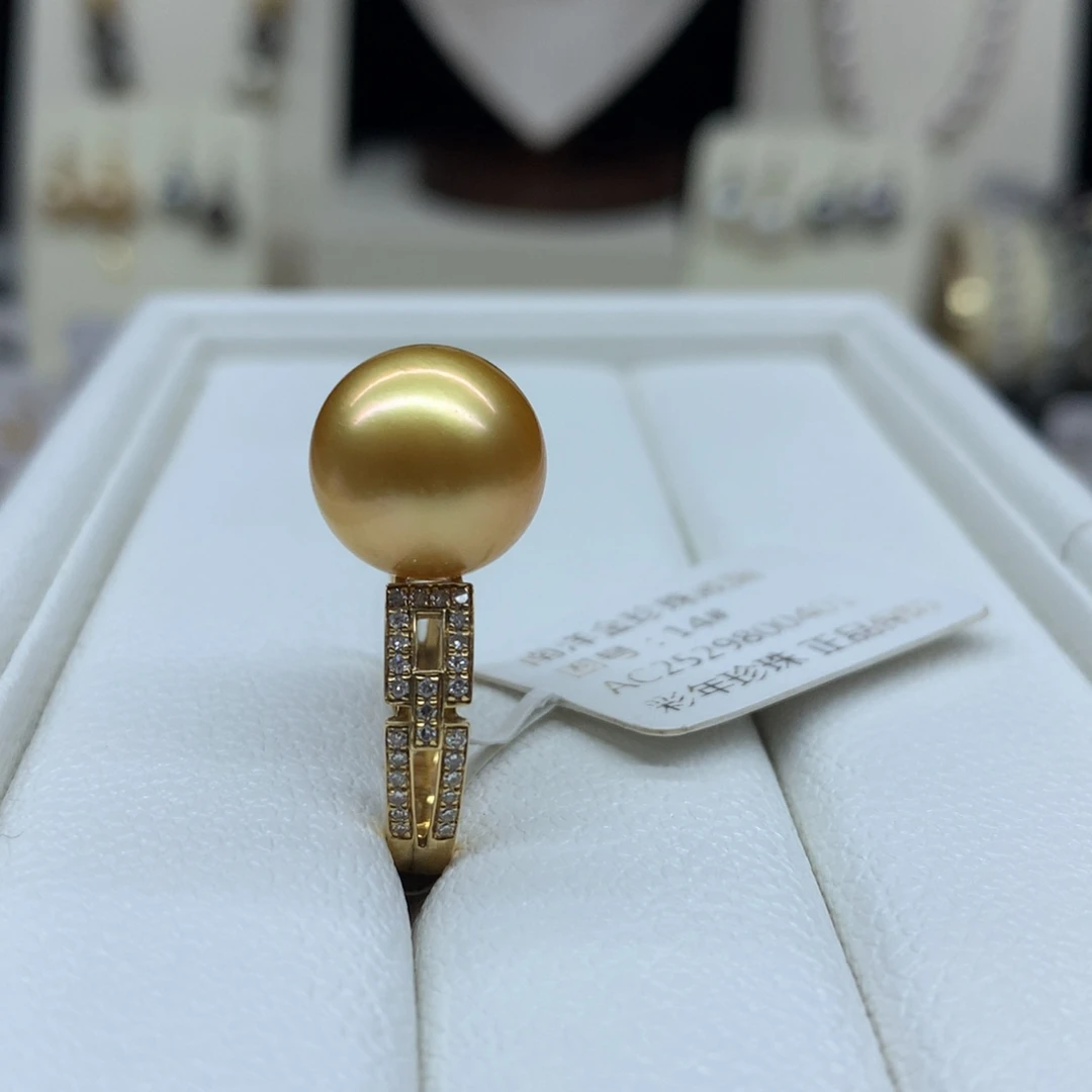 海水珍珠戒圈18K金镶嵌12.4mm金珠戒指