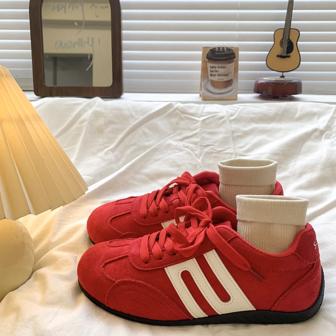 薄底红色德训鞋女2025秋季新款复古潮流百搭赛车鞋爆款运动阿甘鞋