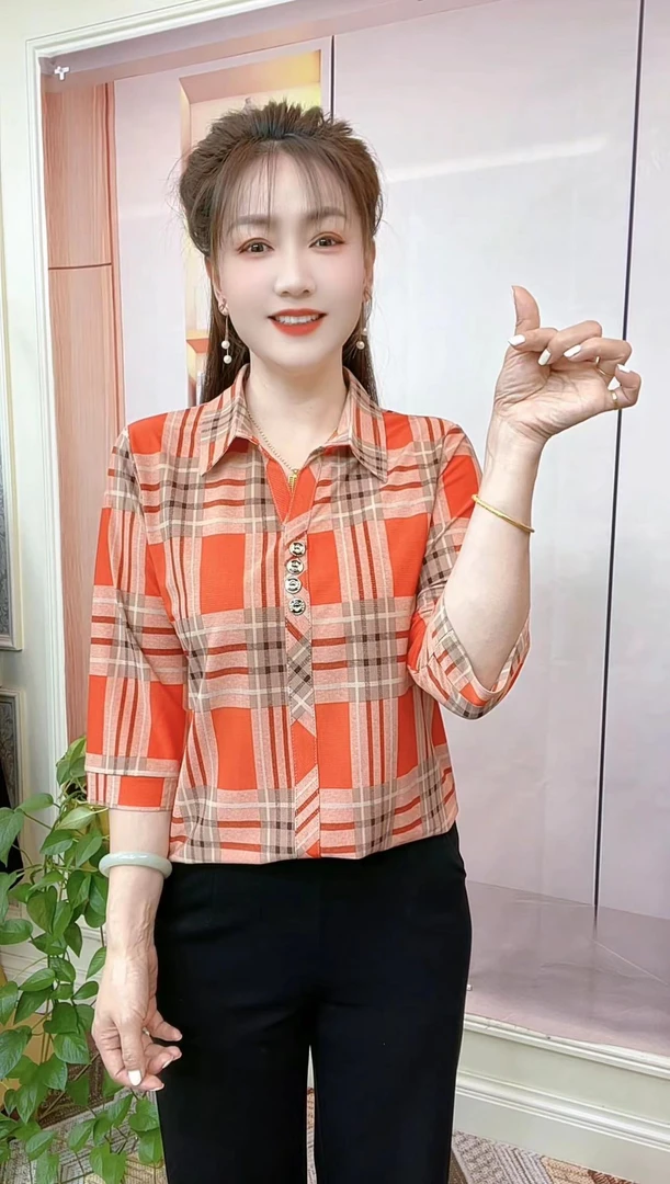 大兰子时尚妈妈装夏季新款衬衫领气薄七分袖百搭款小衫格子款