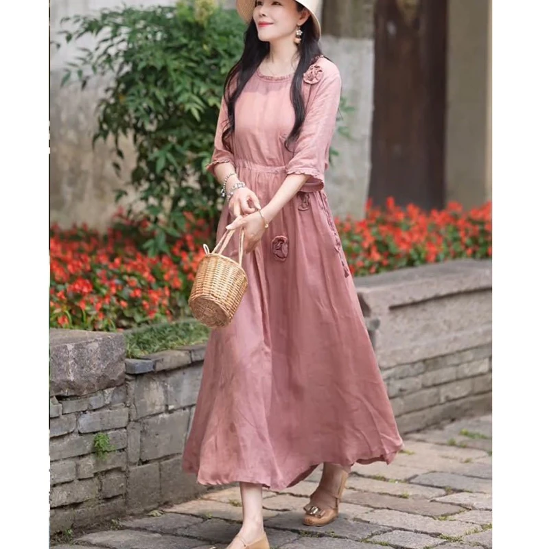 复古苎麻手工花朵双层连衣裙女文艺收腰系带气质长裙