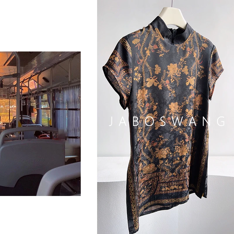 S1222黑金国风上衣圆领印花上衣2025夏季新款气质优雅百搭