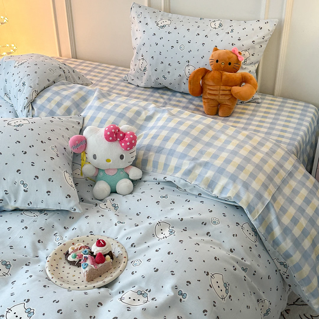 纺臣【奶蓝豹纹】2026新款100%全棉床单被套四件套纯棉单人床三件套