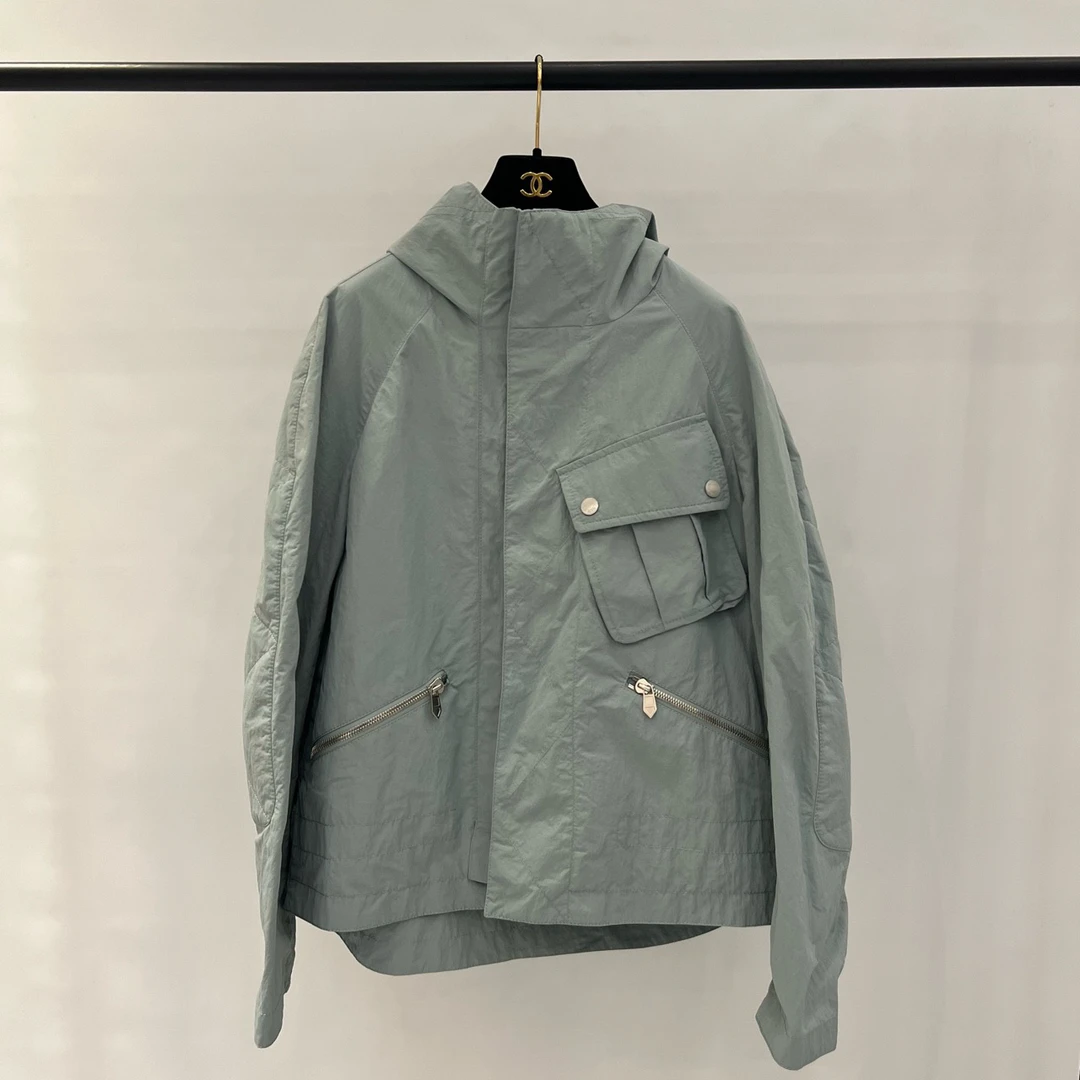 99新 Hermes/爱马仕 春秋雾霾蓝连帽夹克外套 48码 00149