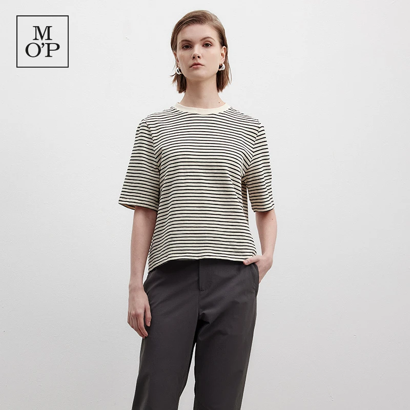 Marc O'Polo/MOP2025夏季新款细条纹短款时尚五分袖圆领短袖T恤女