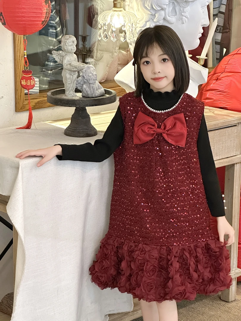 626-【流光亮片】女童年款蝴蝶结精致贵气韩版立体玫瑰儿童连衣裙-s