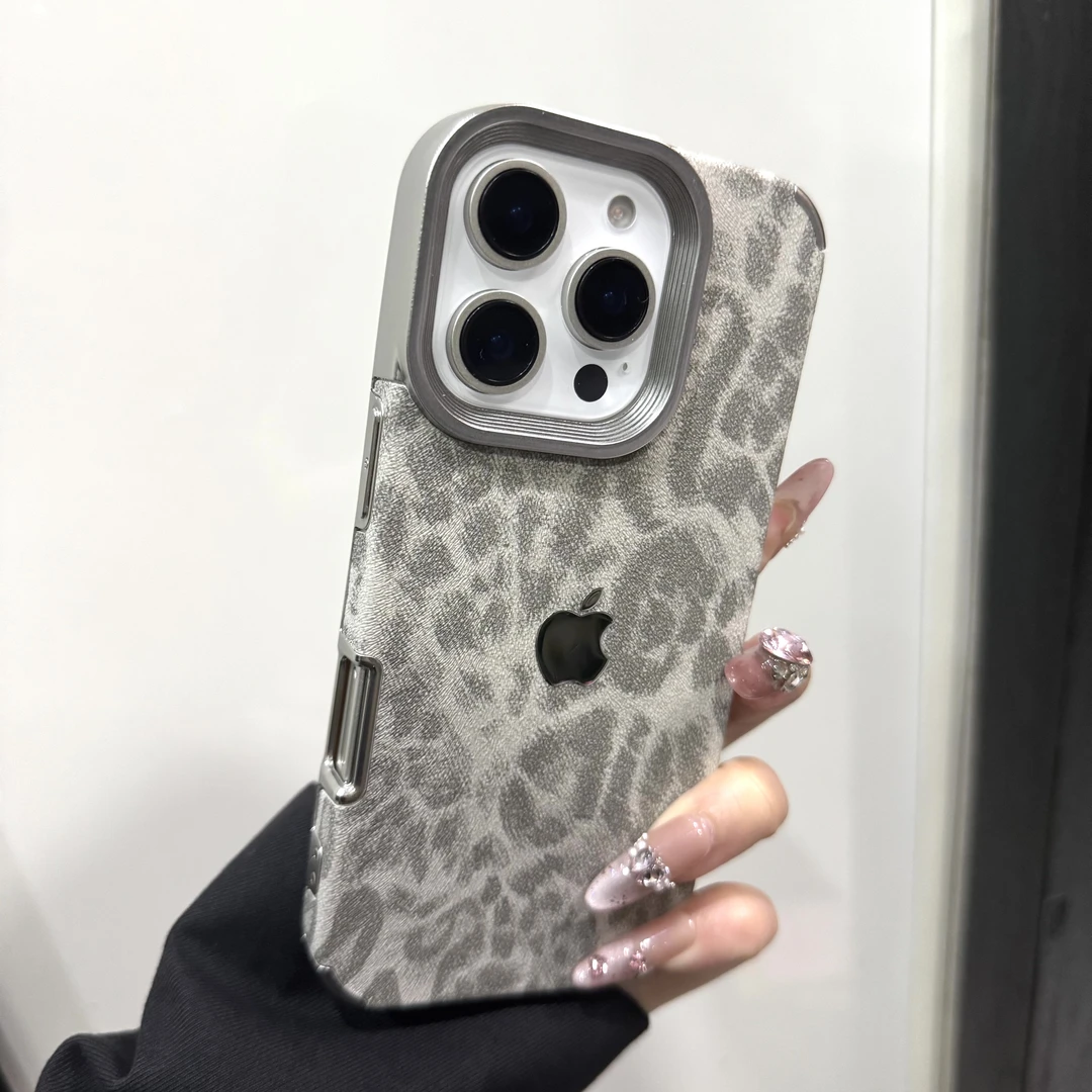 高级感浅灰电镀豹纹适用于16Promax手机壳iPhone15新款14简约16软