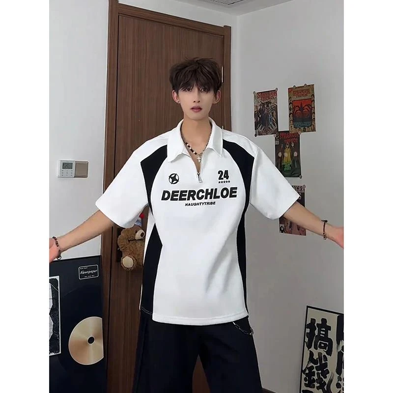 美式黑白拼接球衣风t恤男生夏季半拉链polo领短袖高级感机车半袖
