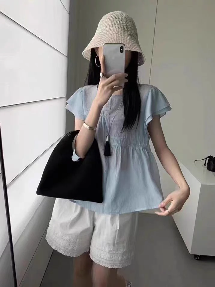 8838短袖宽松型圆领夏款女士T恤温柔风纯色上衣