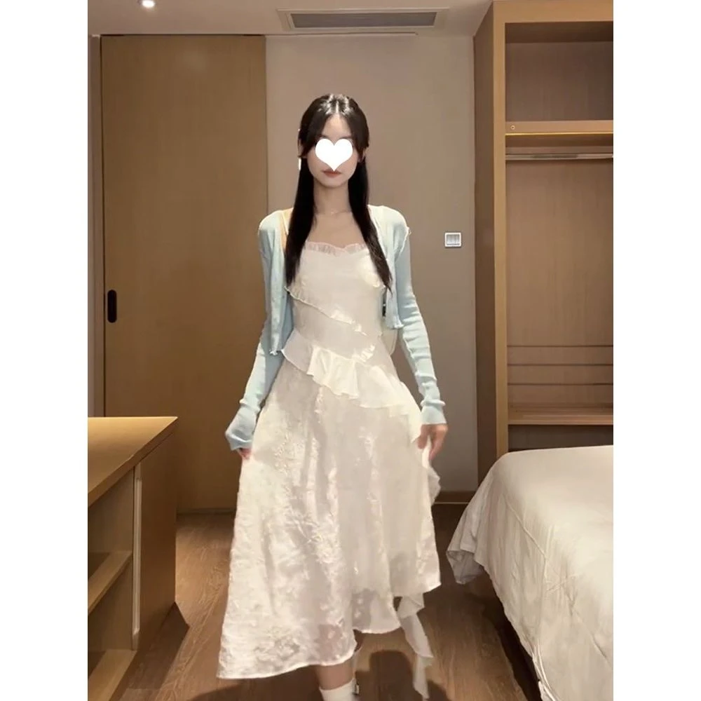 时尚韩系甜美法式吊带连衣裙子女夏季收腰显瘦气质仙女长裙子套装