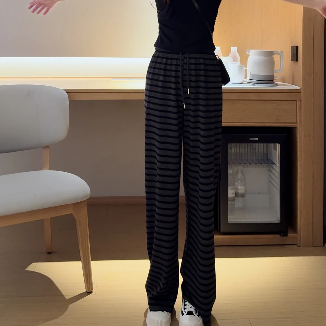 2025春季新款韩系时尚百搭抽绳条纹休闲裤女高腰显瘦直筒阔腿裤