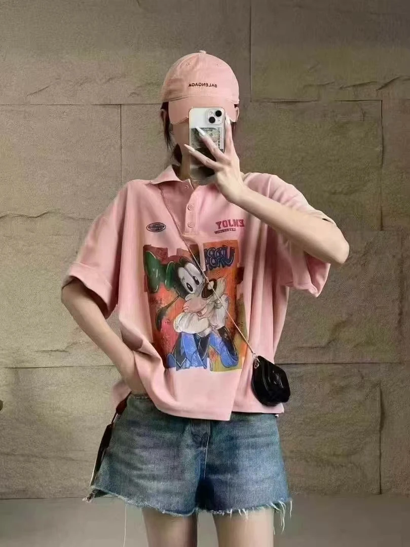 POLO衫宽松小众印花卡通纯色卡通动漫米奇夏季翻领半袖