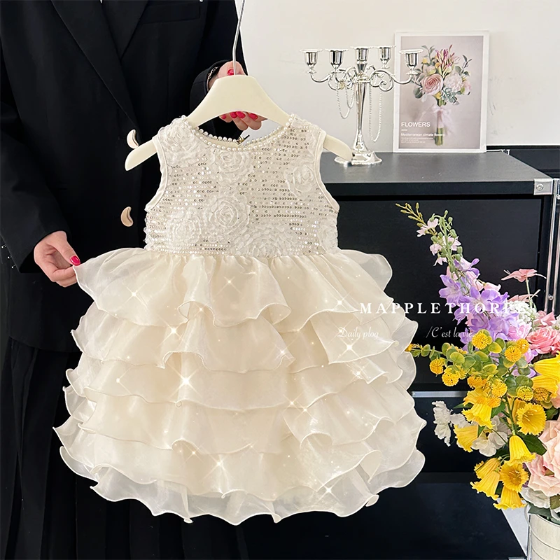 女童无袖亮片蛋糕裙2025夏季新款蓬蓬纱公主裙儿童白月光蕾丝裙子