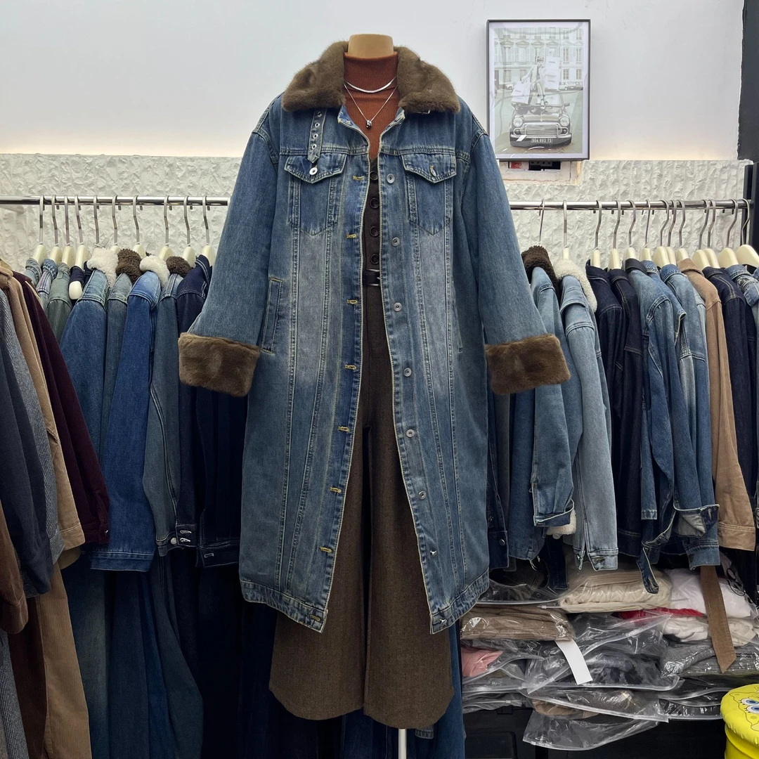 E2055冬季百搭时尚休闲宽松水洗加厚保暖夹棉中长款牛仔风衣外套