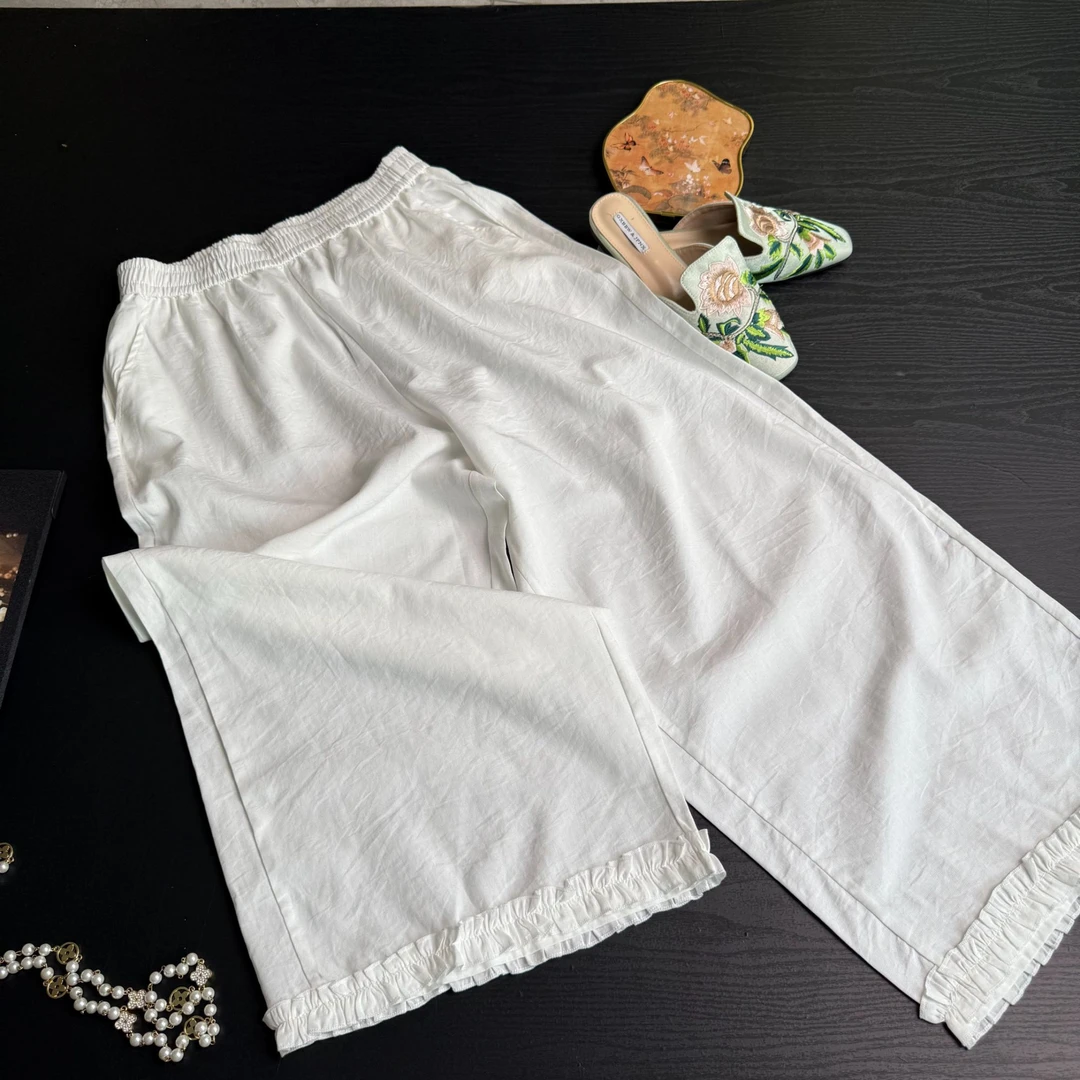 夏季九分裤韩版时阔腿休闲吸汗慵懒风纯色女款花边百搭薄款裤